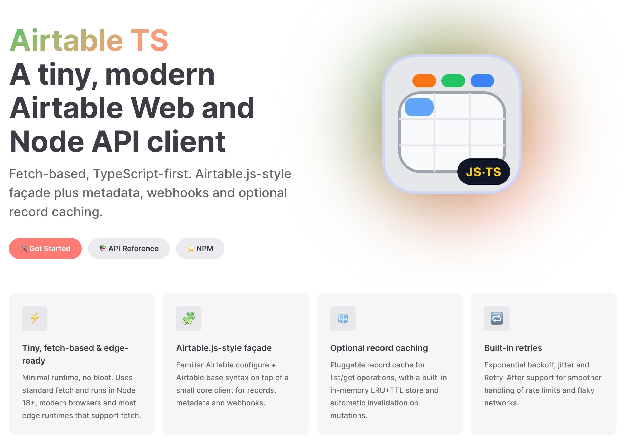 Airtable TS docs landing page — tiny, fetch-based Airtable client