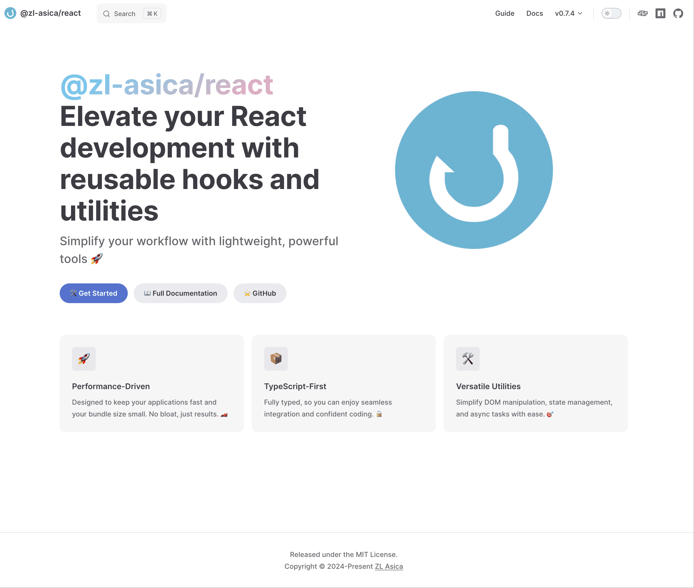 Hero: library homepage screenshot with tagline “Performance-Driven; TypeScript-First”